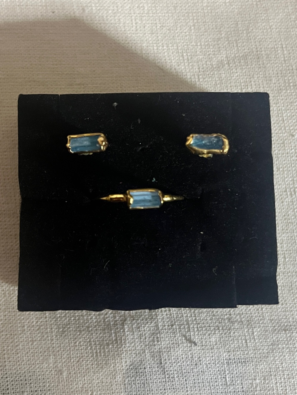 Ringcrush 24K Yellow Gold Filled Aquamarine Baguette Ring and Stud Earrings